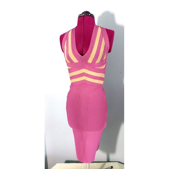 HERVE LEGER Purple Grey Halter V Neck Bodycon Sleeveless Dress SP